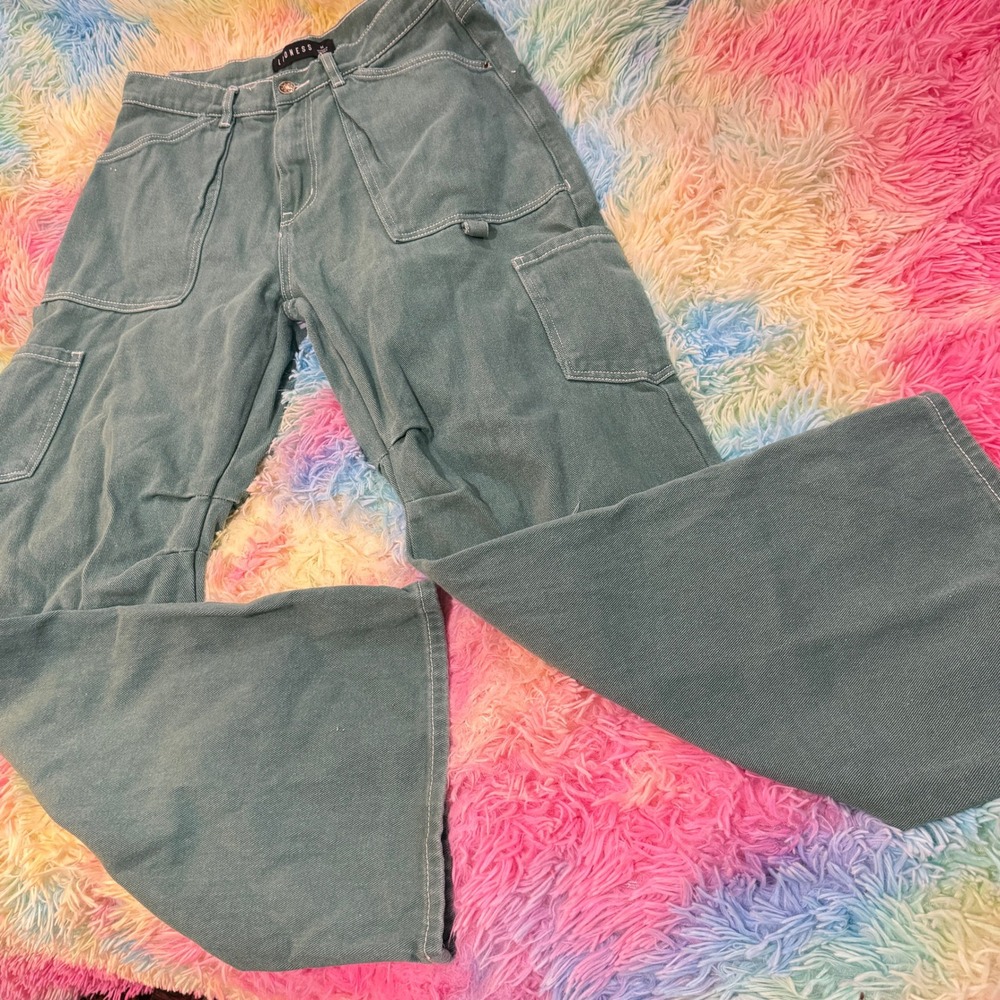Lioness Cargo Pants Women Medium Green Fair Wide Leg Contrast Stitch Utility